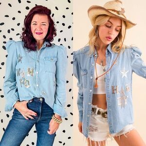 NWT Washed Chambray Sequined Howdy Shirt